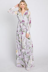 Lavender Floral Chiffon Long Sleeve Pleated Maxi Dress