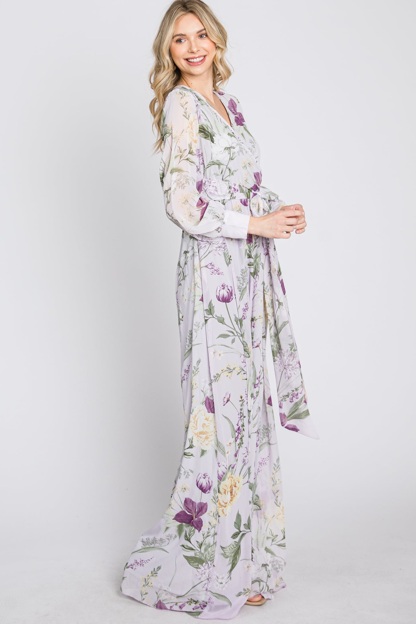 Lavender Floral Chiffon Long Sleeve Pleated Maxi Dress PinkBlush