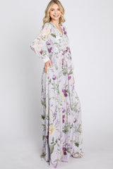 Lavender Floral Chiffon Long Sleeve Pleated Maxi Dress