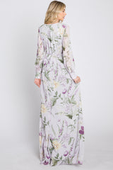 Lavender Floral Chiffon Long Sleeve Pleated Maxi Dress