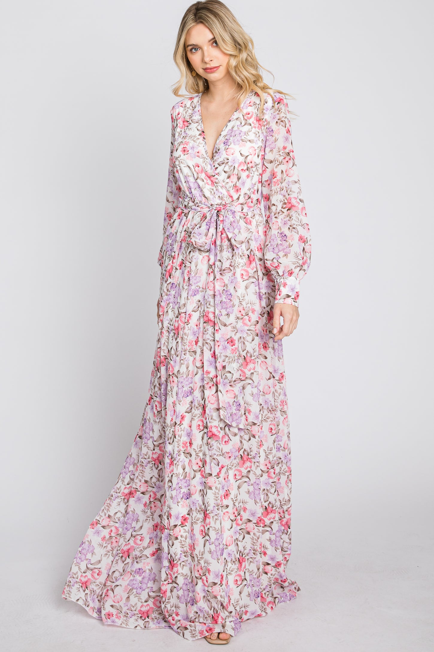 Floral Long Sleeve Ruffle Hem Maxi Dress Pink