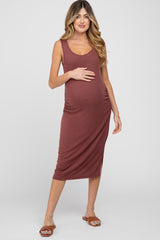 Dark Mauve Ribbed Ruched Maternity Fitted Midi Dress