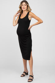 Black Ribbed Ruched Maternity Fitted Midi Dress