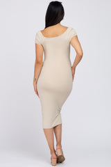 Beige Ribbed Sweetheart Neckline Maternity Fitted Dress