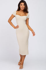 Beige Ribbed Sweetheart Neckline Fitted Dress