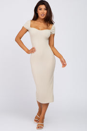 Beige Ribbed Sweetheart Neckline Fitted Dress