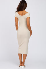 Beige Ribbed Sweetheart Neckline Fitted Dress