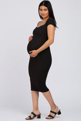 Black Ribbed Sweetheart Neckline Maternity Fitted Dress