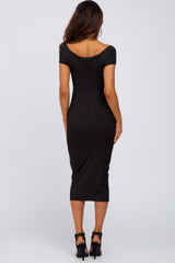 Black Ribbed Sweetheart Neckline Fitted Dress