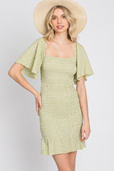 Light Olive Gingham Smocked Mini Dress