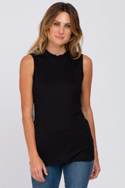 Black Ribbed Sleeveless Mock Neck Top