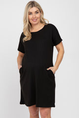 Black Ribbed Short Dolman Sleeve Maternity Dress