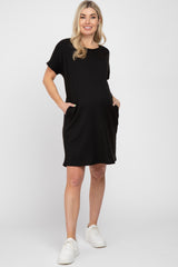 Black Ribbed Short Dolman Sleeve Maternity Dress