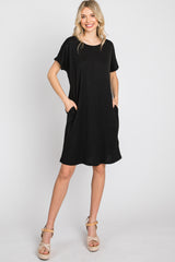 Black Ribbed Short Dolman Sleeve Maternity Dress