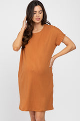 Orange Ribbed Short Dolman Sleeve Maternity Dress