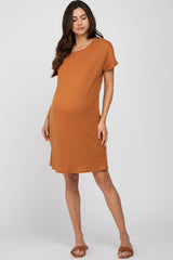 Orange Ribbed Short Dolman Sleeve Maternity Dress