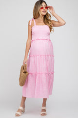 Pink Striped Smocked Shoulder Tie Maternity Midi Dress