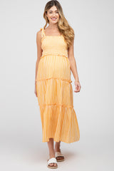 Orange Striped Smocked Shoulder Tie Maternity Midi Dress