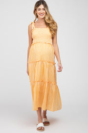 Orange Striped Smocked Shoulder Tie Maternity Midi Dress