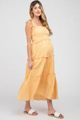 Orange Striped Smocked Shoulder Tie Maternity Midi Dress