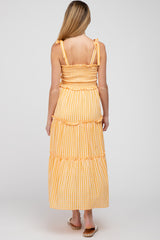 Orange Striped Smocked Shoulder Tie Maternity Midi Dress