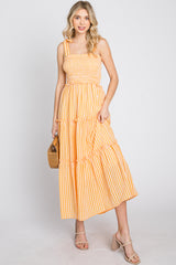 Orange Striped Smocked Shoulder Tie Maternity Midi Dress