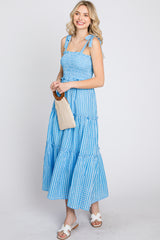 Blue Striped Smocked Shoulder Tie Midi Dress