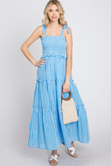 Blue Striped Smocked Shoulder Tie Midi Dress