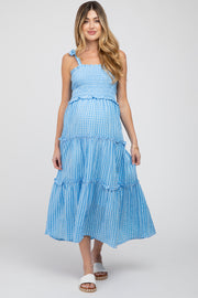 Blue Striped Smocked Shoulder Tie Maternity Midi Dress