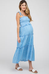 Blue Striped Smocked Shoulder Tie Maternity Midi Dress