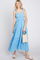 Blue Striped Smocked Shoulder Tie Maternity Midi Dress