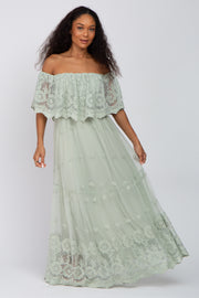 Light Green Lace Overlay Off Shoulder Maxi Dress