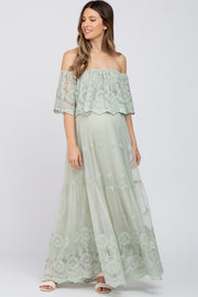 Light Green Lace Overlay Off Shoulder Maternity Maxi Dress