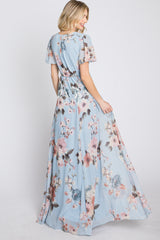 Light Blue Floral Chiffon Wrap Front Short Sleeve Maxi Dress