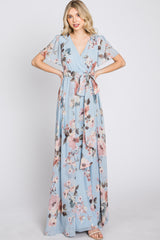 Light Blue Floral Chiffon Wrap Front Short Sleeve Maxi Dress