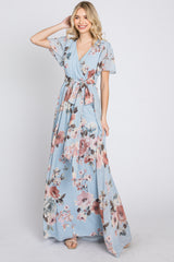 Light Blue Floral Chiffon Wrap Front Short Sleeve Maxi Dress