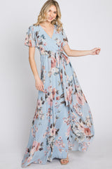 Light Blue Floral Chiffon Wrap Front Short Sleeve Maxi Dress