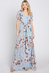 Light Blue Floral Chiffon Wrap Front Short Sleeve Maxi Dress