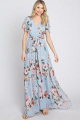 Light Blue Floral Chiffon Wrap Front Short Sleeve Maxi Dress