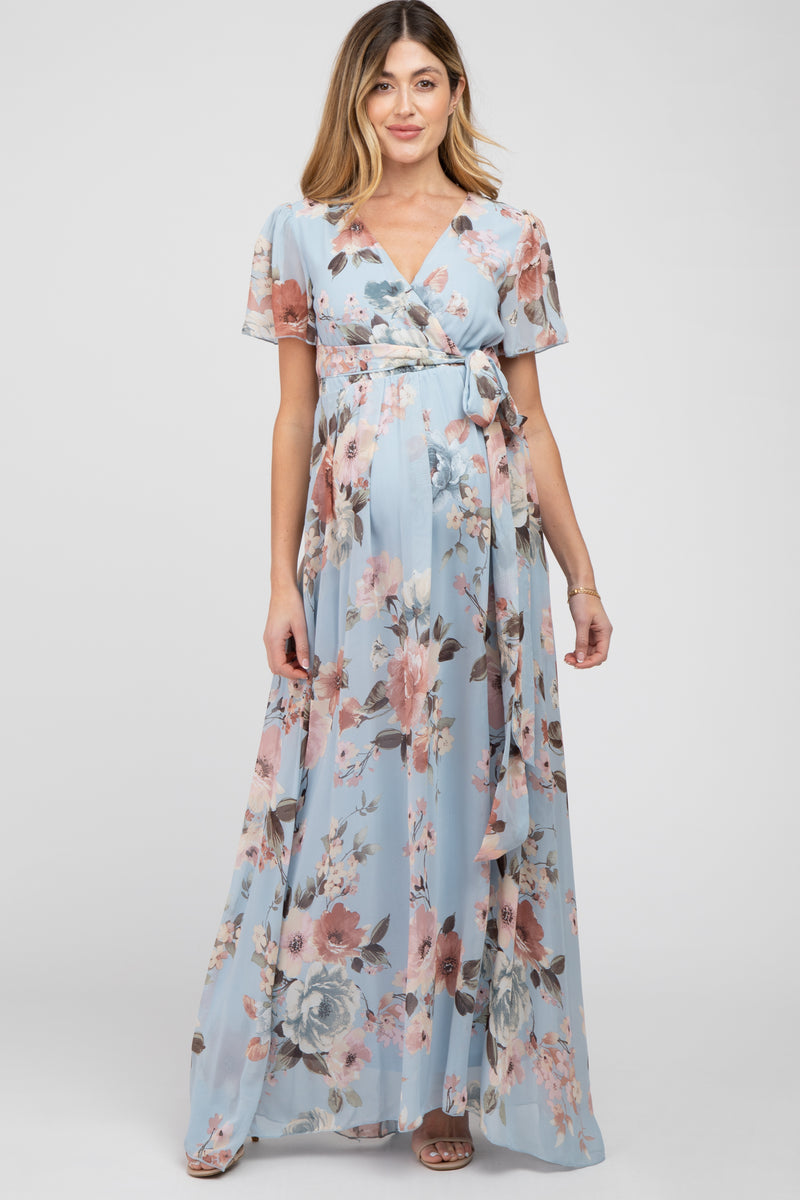 Light Blue Floral Chiffon Wrap Front Short Sleeve Maternity Maxi Dress ...