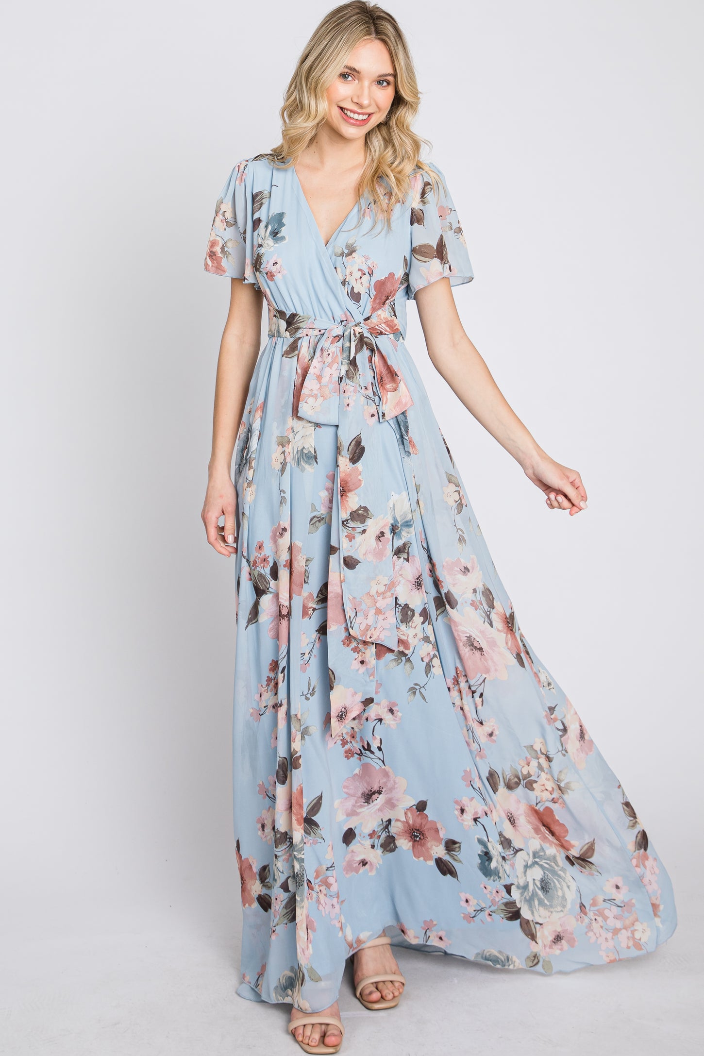 Light Blue Floral Chiffon Wrap Front Short Sleeve Maxi Dress– PinkBlush