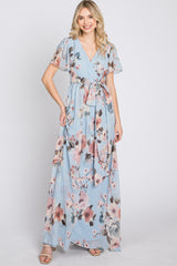 Light Blue Floral Chiffon Wrap Front Short Sleeve Maxi Dress