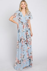 Light Blue Floral Chiffon Wrap Front Short Sleeve Maxi Dress