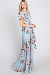 Light Blue Floral Chiffon Wrap Front Short Sleeve Maxi Dress