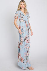 Light Blue Floral Chiffon Wrap Front Short Sleeve Maxi Dress