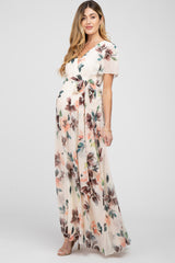 Cream Floral Chiffon Wrap Front Short Sleeve Maternity Maxi Dress