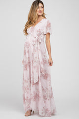 Light Pink Floral Chiffon Wrap Front Short Sleeve Maternity Maxi Dress