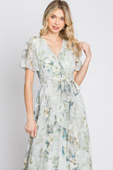 Light Olive Floral Chiffon Wrap Front Short Sleeve Maxi Dress