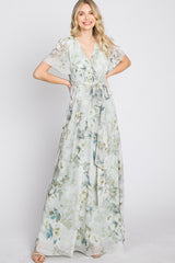 Light Olive Floral Chiffon Wrap Front Short Sleeve Maxi Dress