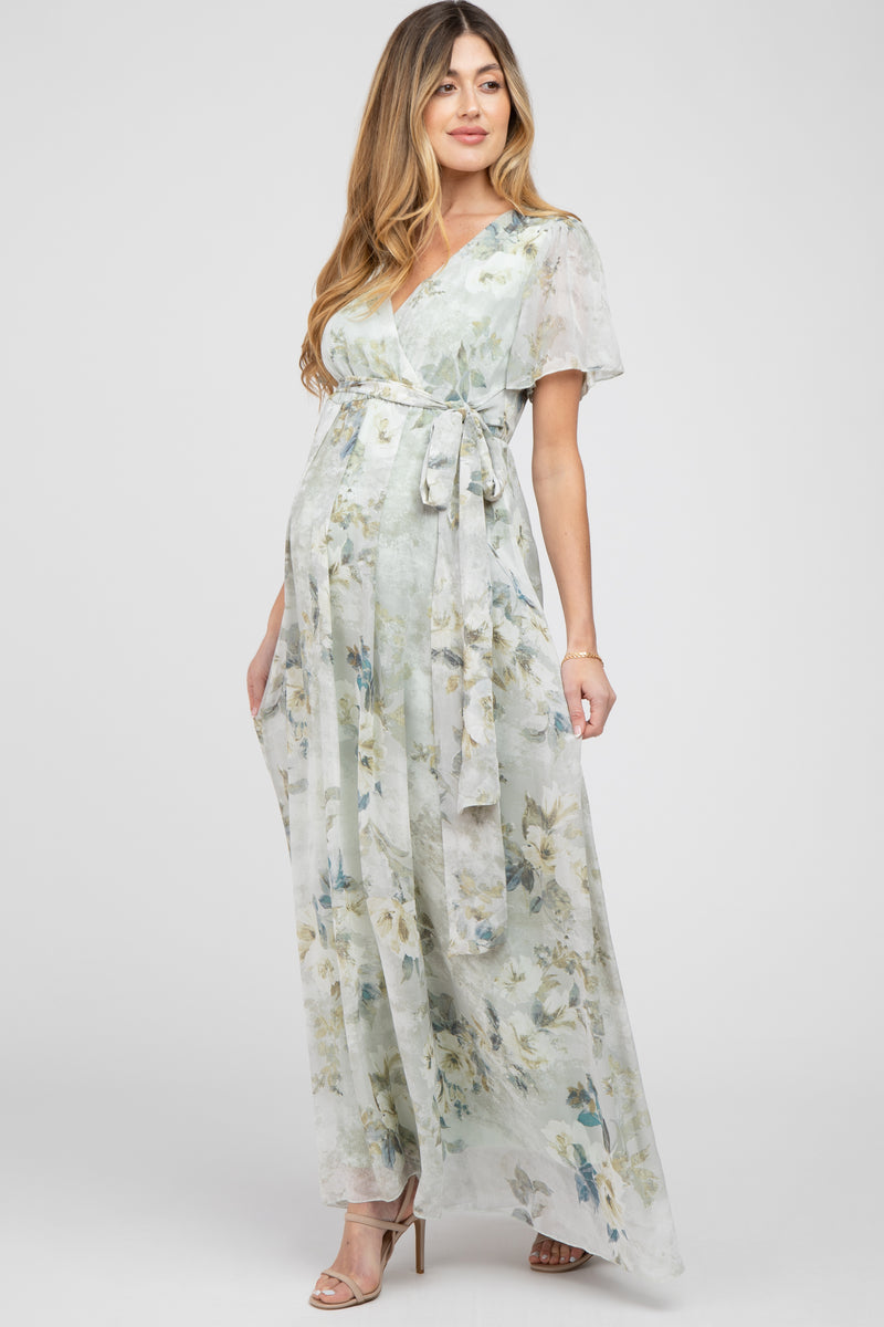 Light Olive Floral Chiffon Wrap Front Short Sleeve Maternity Maxi Dres ...